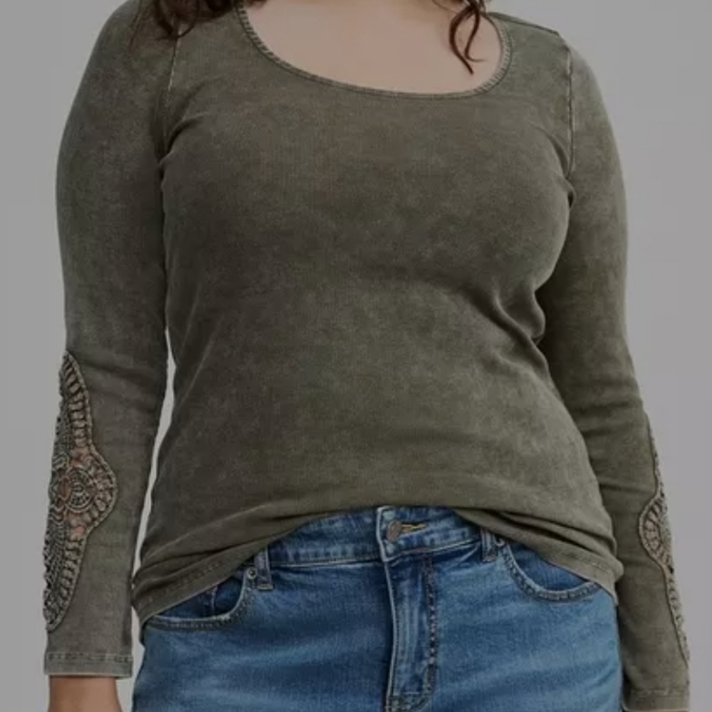 Torrid Cotton Modal Rib Scoop Neck Crochet Long Sleeve Top